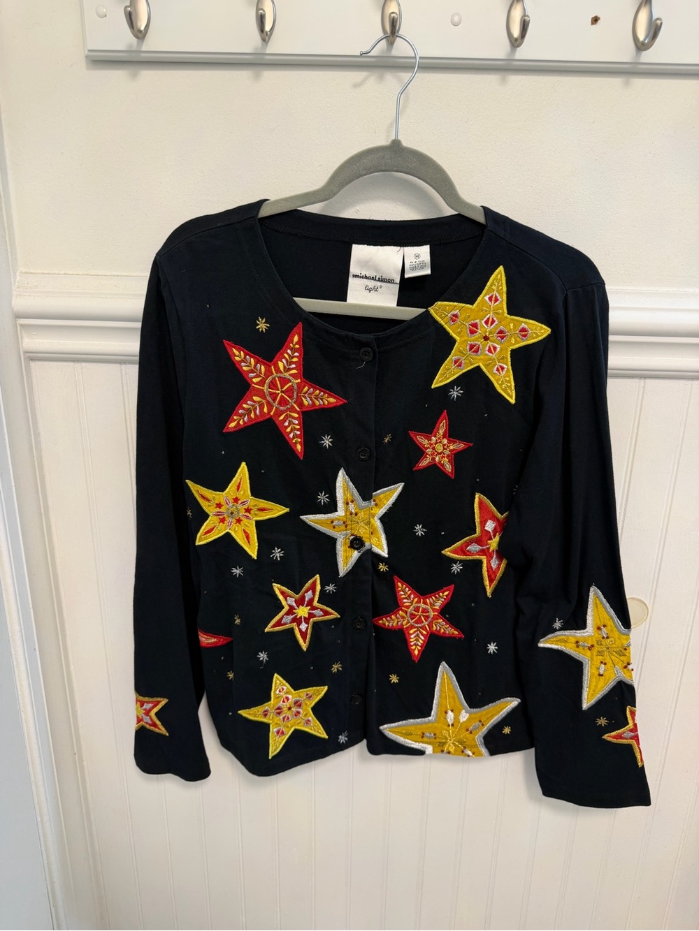 Michael Simon Black Button-Down Top with Red and Yellow Star Appliqués